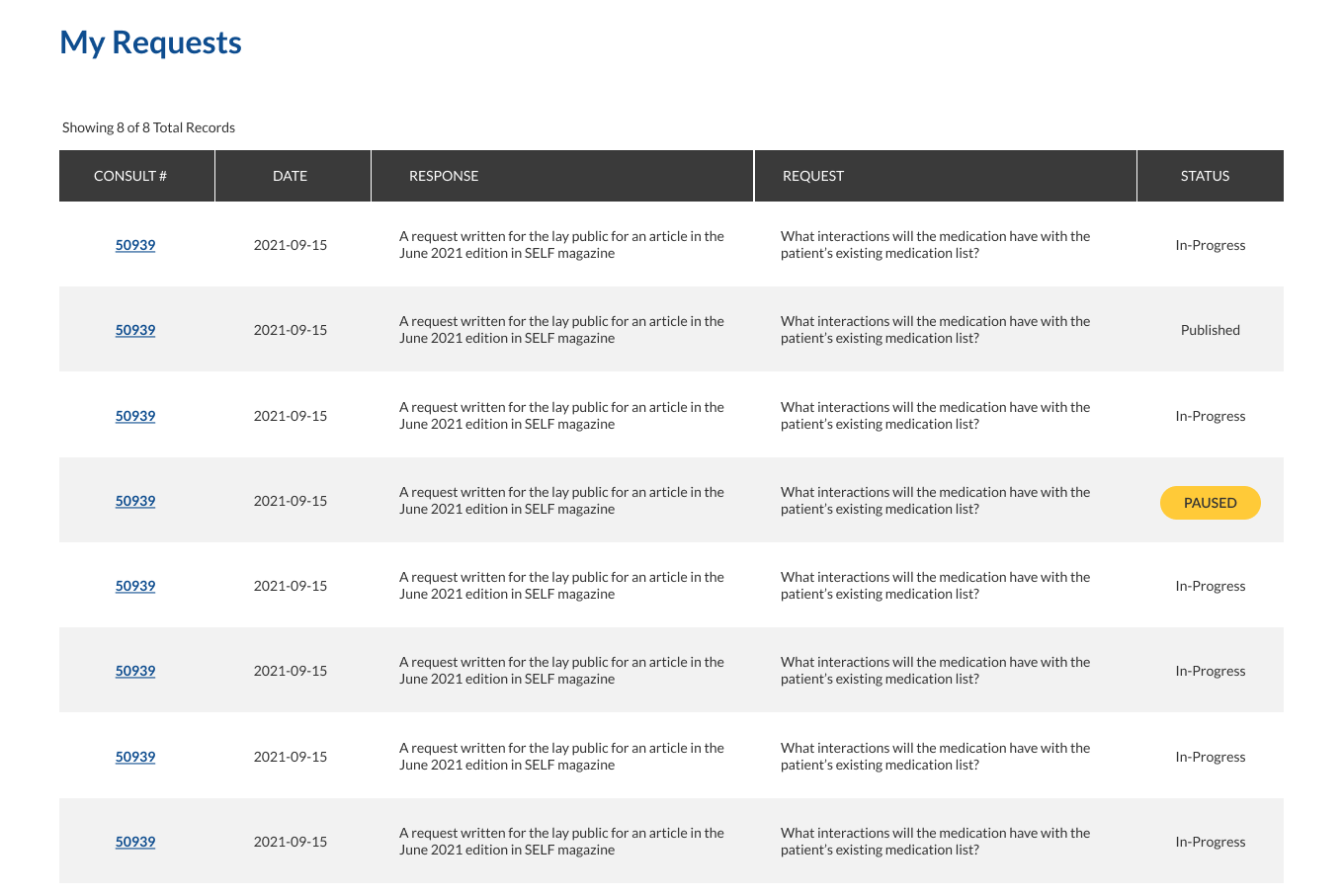 A requester's list of consults, each with its date, the question asked and a status such as In progress, Published or Paused.